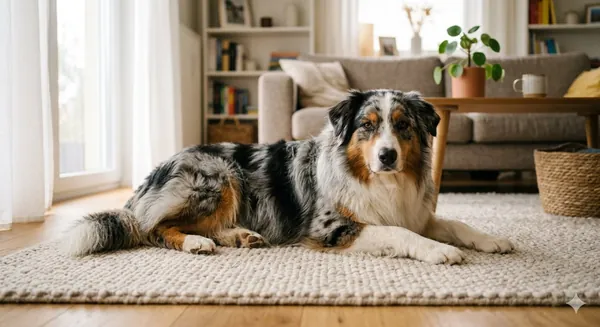 Australian Shepherd lying calmly on a beige rug in a bright living room