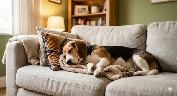 Beagle sleeping peacefully on a cozy living room couch with cushions