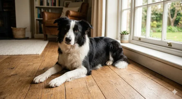 Black and white Border Collie resting calmly on hardwood floor near a window