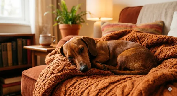Dachshund curled up on a knitted blanket in a warm cozy room