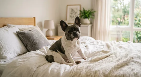 French Bulldog sitting calmly on a bed in a bright modern bedroom
