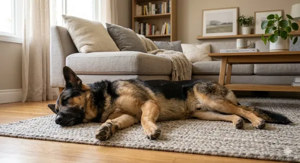 German Shepherd lying on its side and sleeping on a living room rug