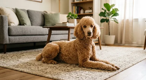 Apricot Standard Poodle resting on a rug in a sunlit living room