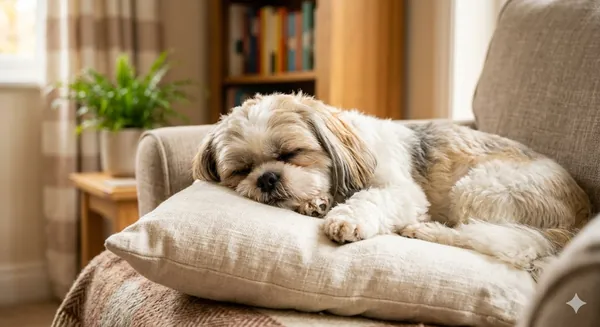 Shih Tzu small dog napping on a cushion in a cozy reading corner